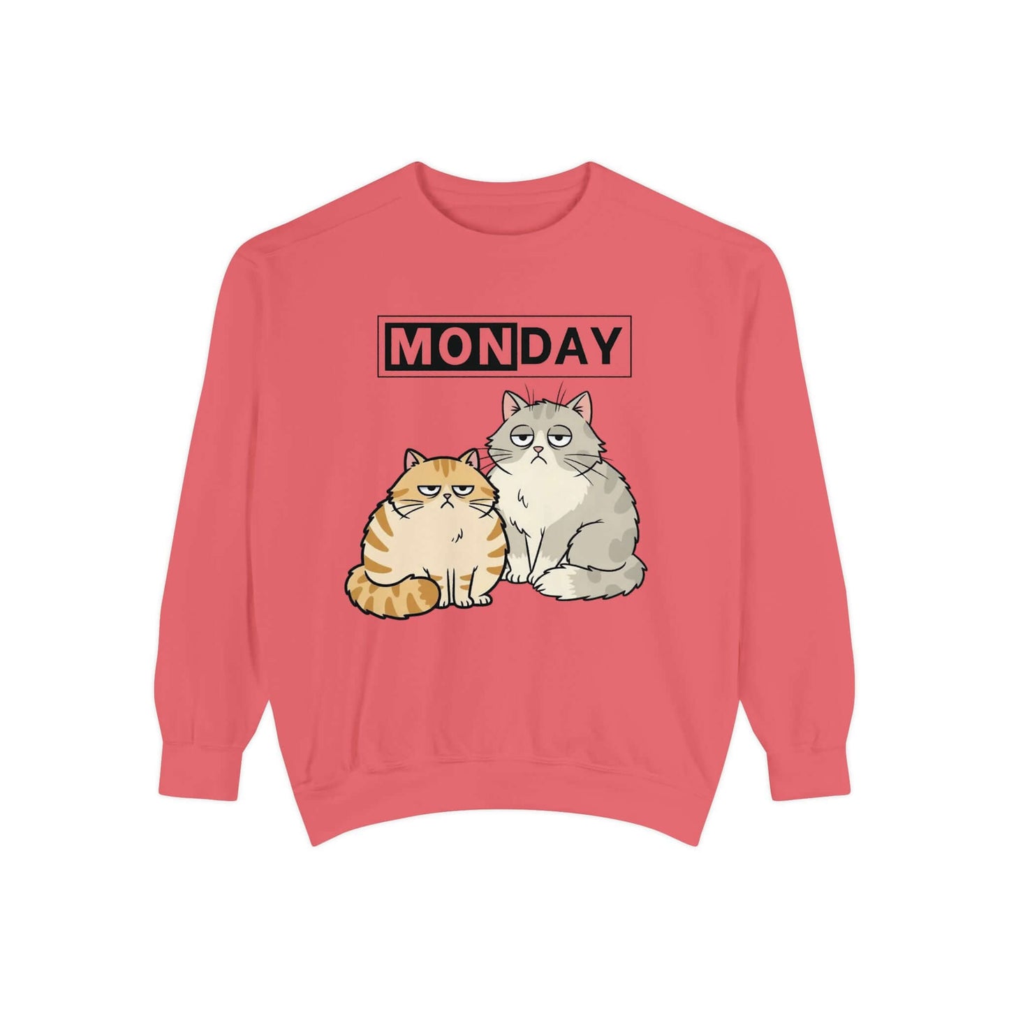Monday Face Cat Stares Blankly Unisex Crewneck Sweatshirt featuring two cats and a "MONDAY" banner.