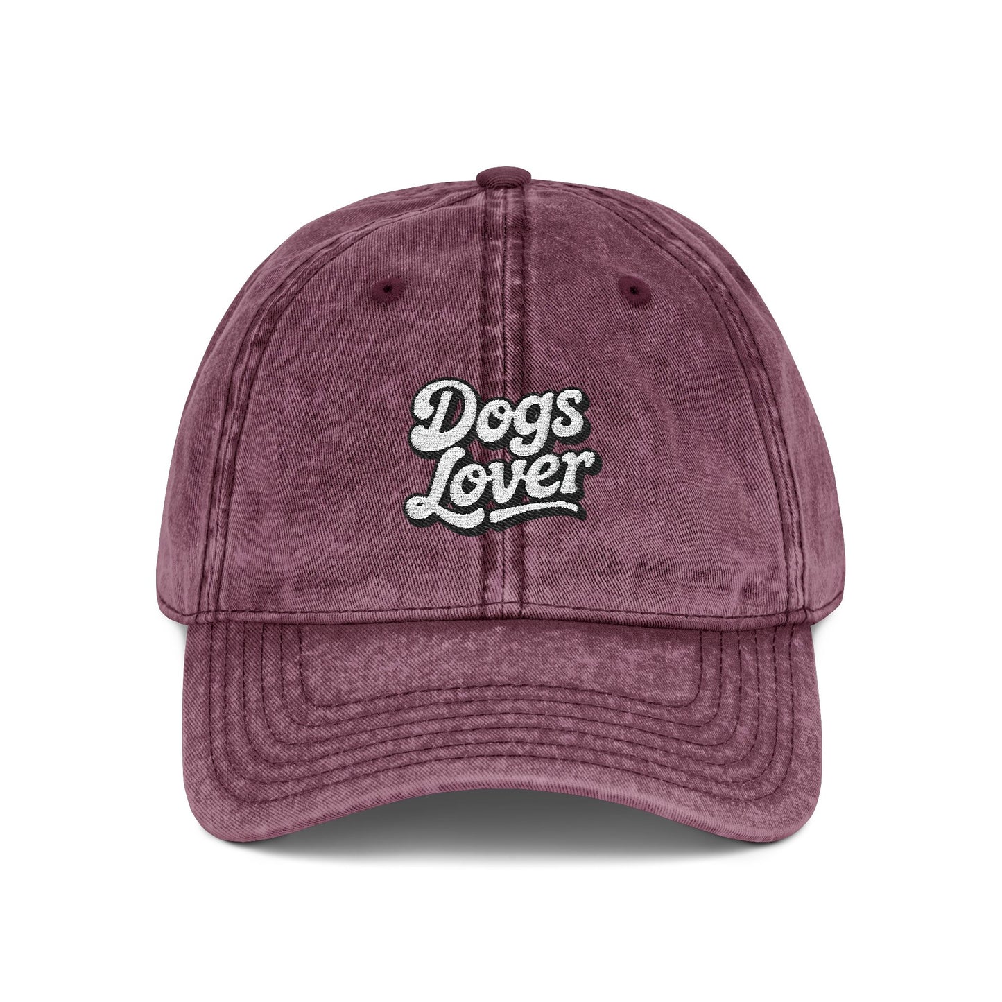 Dogs Lover Vintage Embroidered Cap Dad Hat Grey Words with a cozy vintage script design.