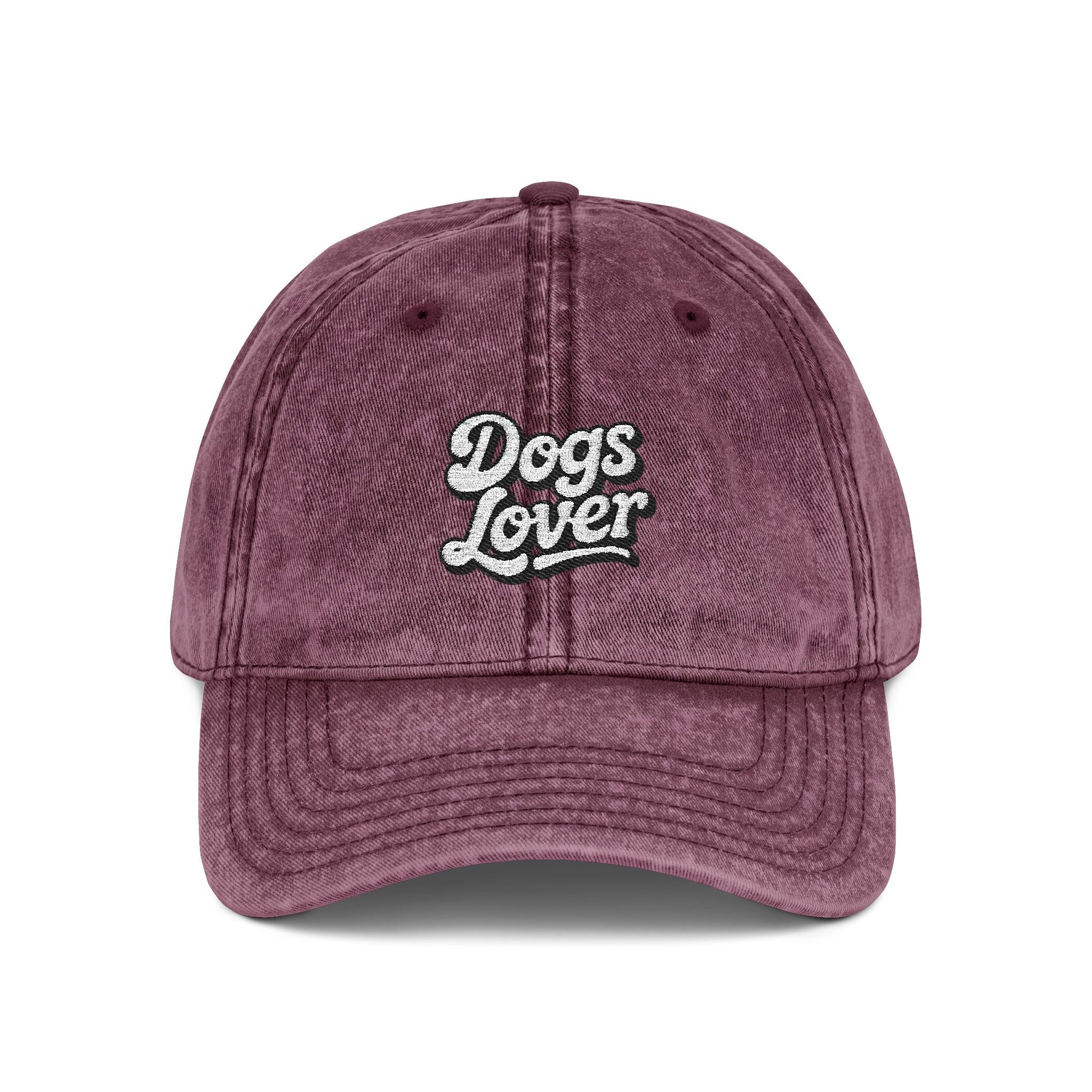 Dogs Lover Vintage Embroidered Cap Dad Hat Grey Words with a cozy vintage script design.