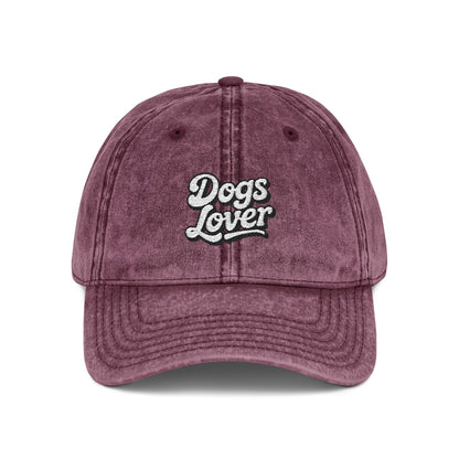 Dogs Lover Vintage Embroidered Cap Dad Hat Grey Words with a cozy vintage script design.
