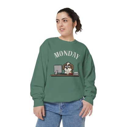 Monday Face Dog Stares Blankly Unisex Crewneck Sweatshirt worn by a woman with a sad dog graphic and 'MONDAY' text.