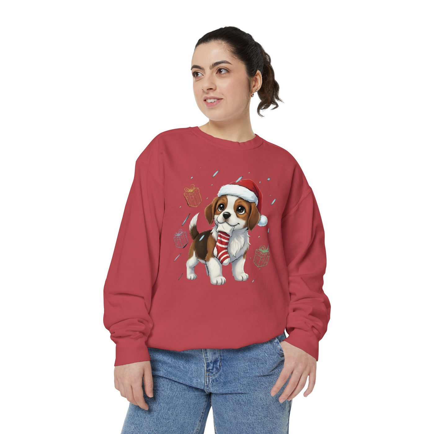 Cute Puppy waiting for Christmas presents style 6 Cozy Graphic Unisex Crewneck Sweatshirt