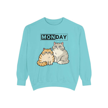 Monday Face Cat Stares Blankly Unisex Crewneck Sweatshirt featuring two cats and a "MONDAY" banner.