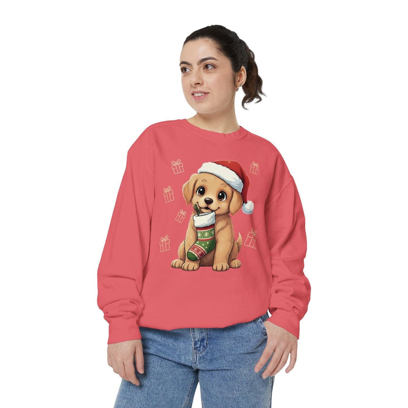 Cute Puppy waiting for Christmas presents style 4 Cozy Graphic Unisex Crewneck Sweatshirt
