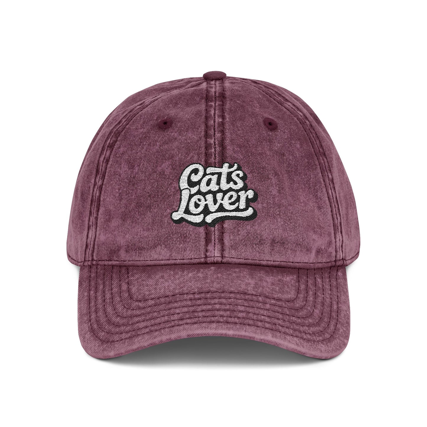 Cats Lover Vintage Embroidered Cap Dad Hat Grey Words front view with raised embroidery on a distressed cap.