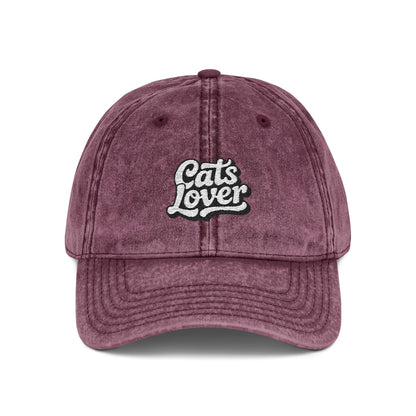 Cats Lover Vintage Embroidered Cap Dad Hat Grey Words front view with raised embroidery on a distressed cap.