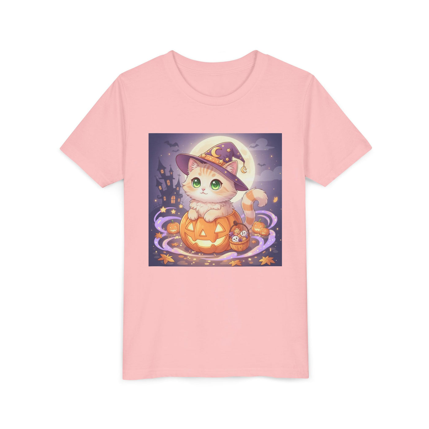 Halloween cute kitten anime style 4 Unisex Youth Tee | T-Shirt, Cute Pumpkin Shirt, Kids Halloween Outfit, Cat Lover Gift, Fun Fall Apparel