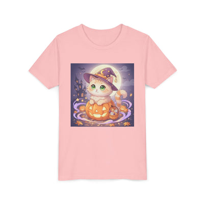 Halloween cute kitten anime style 4 Unisex Youth Tee | T-Shirt, Cute Pumpkin Shirt, Kids Halloween Outfit, Cat Lover Gift, Fun Fall Apparel