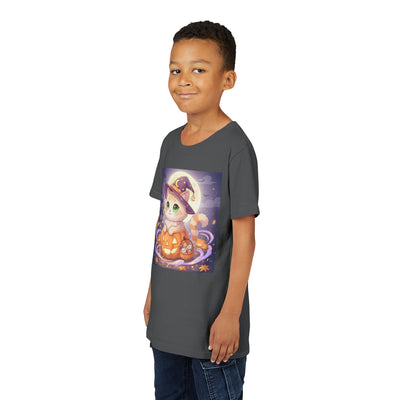Halloween cute kitten anime style 4 Unisex Youth Tee | T-Shirt, Cute Pumpkin Shirt, Kids Halloween Outfit, Cat Lover Gift, Fun Fall Apparel