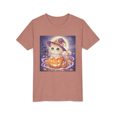 Halloween cute kitten anime style 4 Unisex Youth Tee | T-Shirt, Cute Pumpkin Shirt, Kids Halloween Outfit, Cat Lover Gift, Fun Fall Apparel