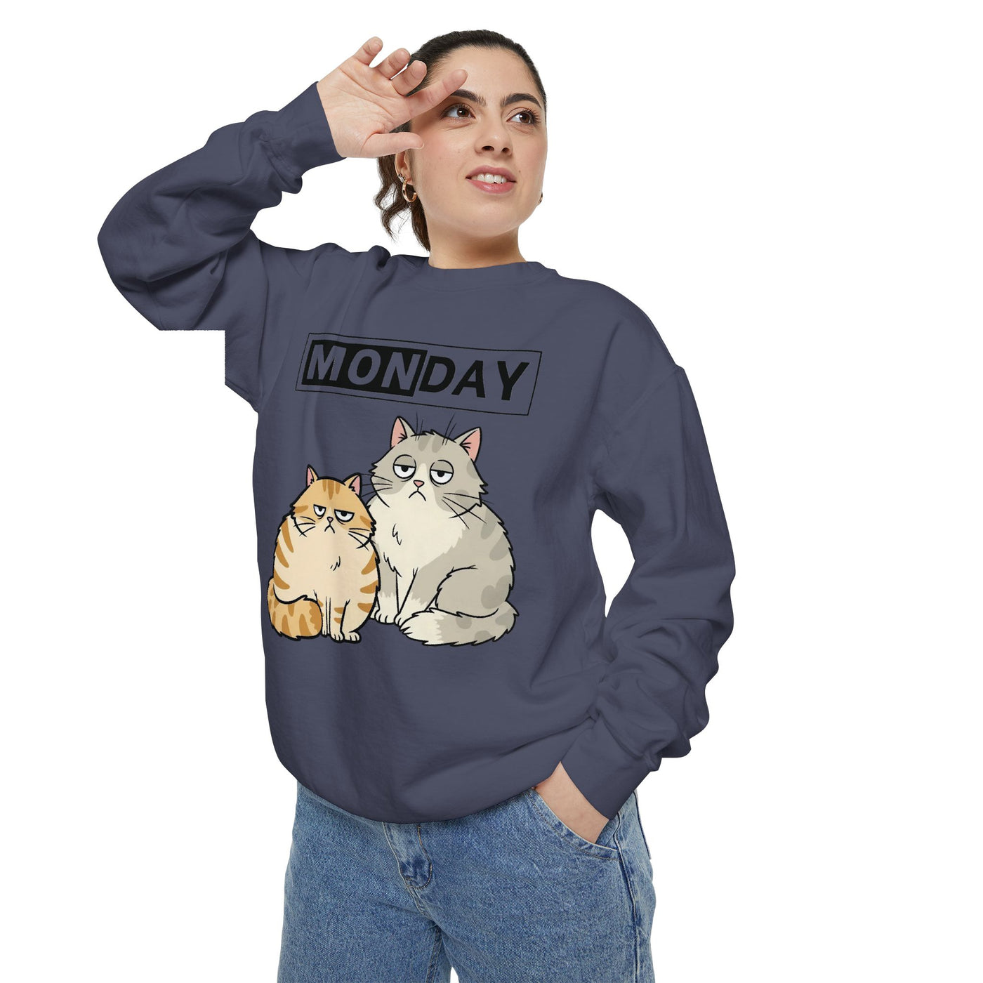 Monday Face Cat Stares Blankly Unisex Crewneck Sweatshirt style 1