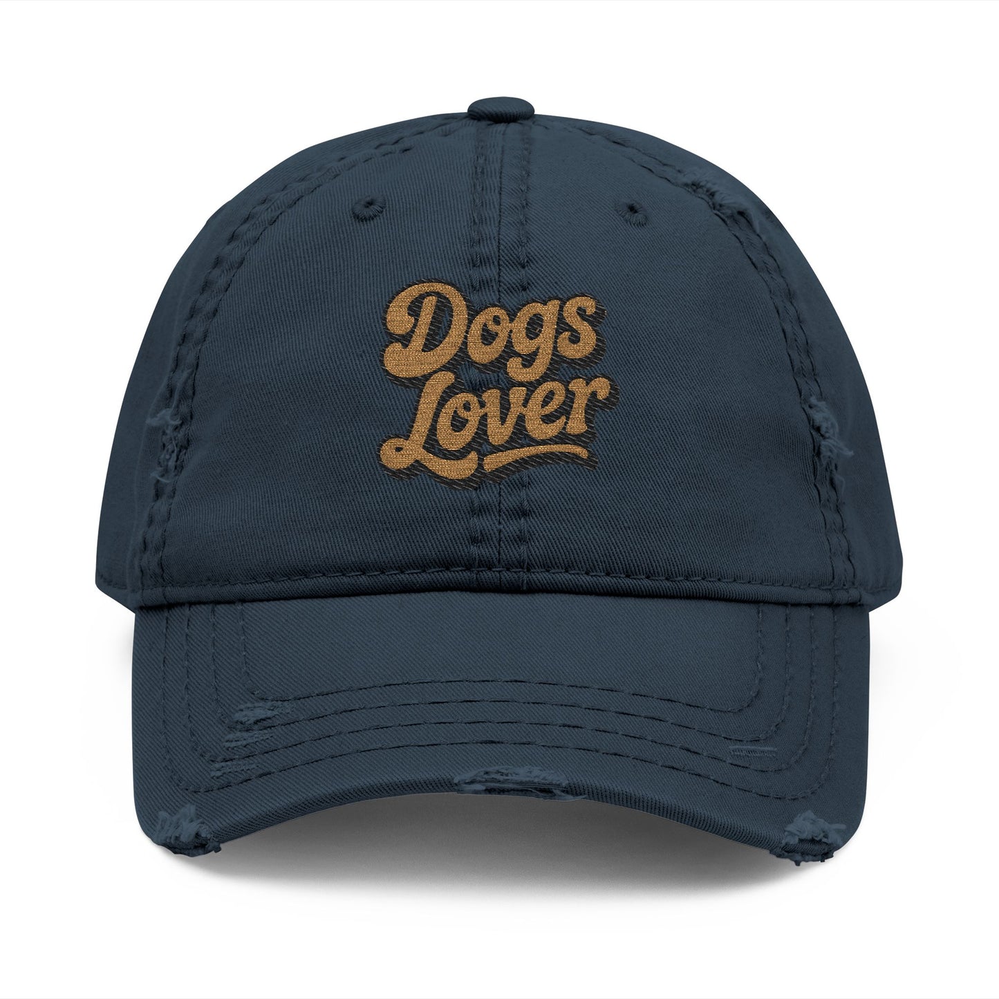 Dogs Lover Distressed Embroidered Cap Dad Hat Brown Words with faded look and embroidered lettering.