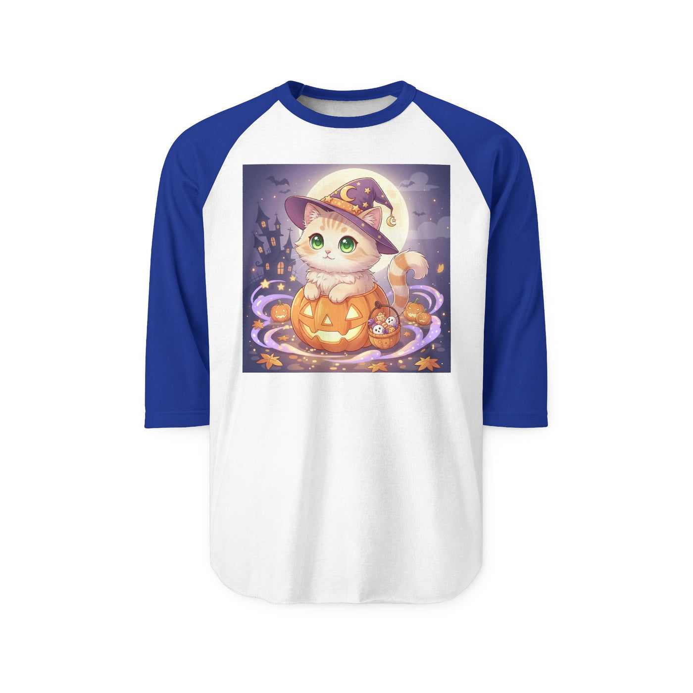 Halloween cute kitten anime style 4 Raglan Shirt, Unisex Halloween Top, Pumpkin Cat Shirt, Cute Cat Tee, Spooky Casual Wear