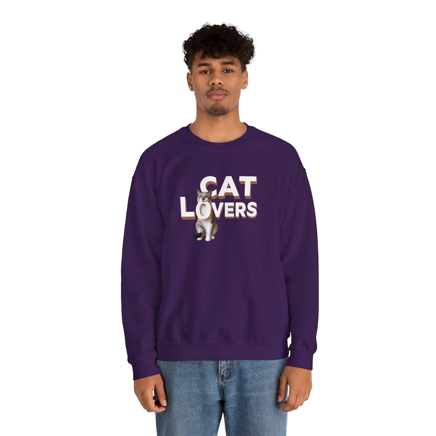 Cat lovers cute kitten sweatshirt featuring a graphic design on a purple crewneck sweater.