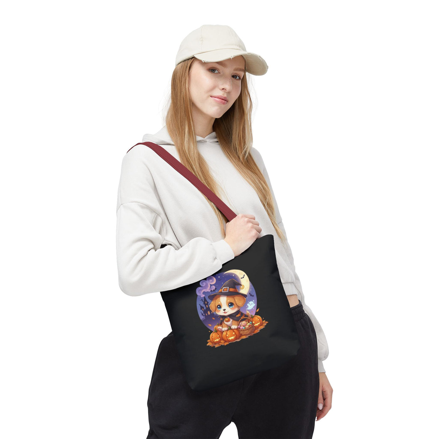 Adorable Halloween Puppy anime style Tote Bag, Pumpkin Lover Gift, Cute Dog Design, Witch Theme, Eco-Friendly Shopping Bag