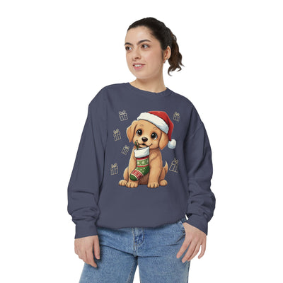 Cute Puppy waiting for Christmas presents style 4 Cozy Graphic Unisex Crewneck Sweatshirt