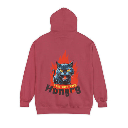 I am very very Hungry - Cartoon Cat Unisex Pullover Hoodie with a fierce black cat graphic on a red background.
