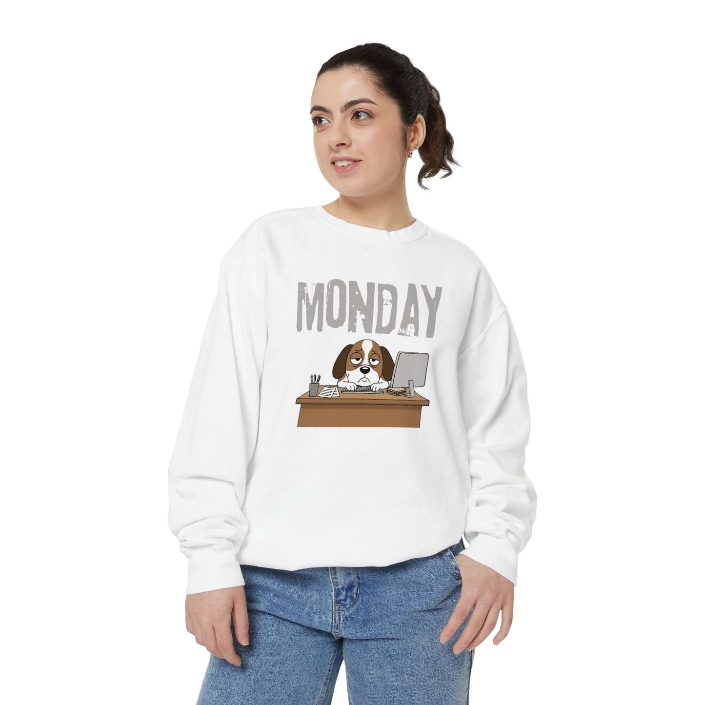 Monday Face Dog Stares Blankly Unisex Crewneck Sweatshirt featured on model in relaxed-fit design.