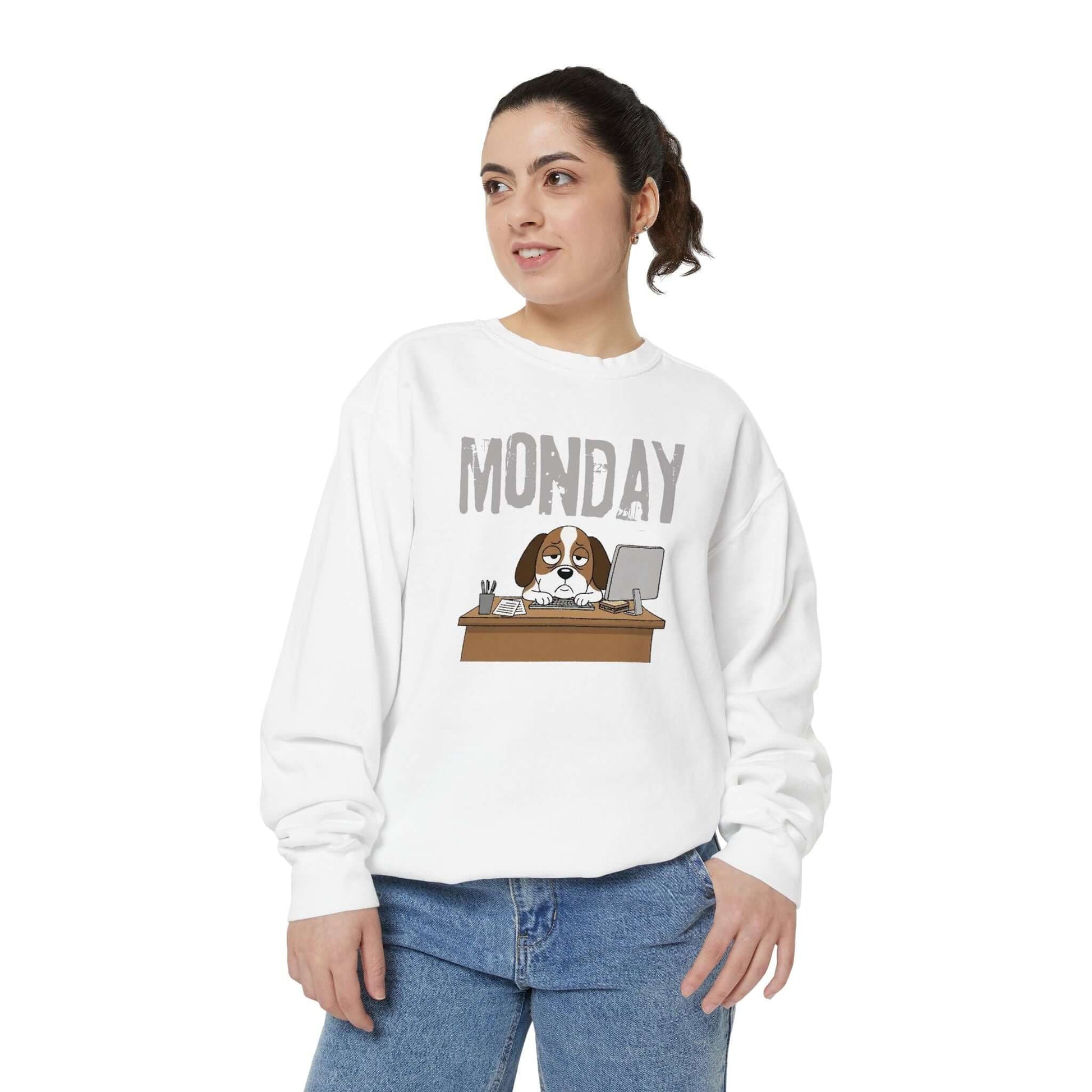 Monday Face Dog Stares Blankly Unisex Crewneck Sweatshirt featured on model in relaxed-fit design.