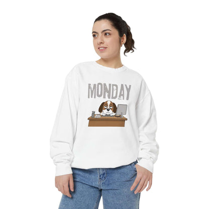 Monday Face Dog Stares Blankly Unisex Crewneck Sweatshirt featured on model in relaxed-fit design.