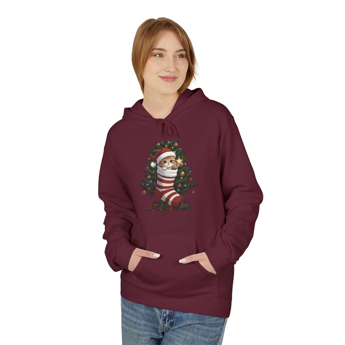 Kitten hiding in Christmas stocking Unisex Fleece Hoodie style 3