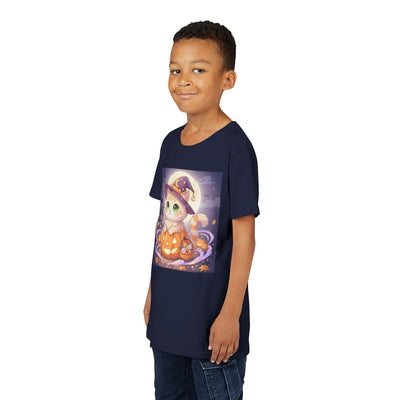 Halloween cute kitten anime style 4 Unisex Youth Tee | T-Shirt, Cute Pumpkin Shirt, Kids Halloween Outfit, Cat Lover Gift, Fun Fall Apparel