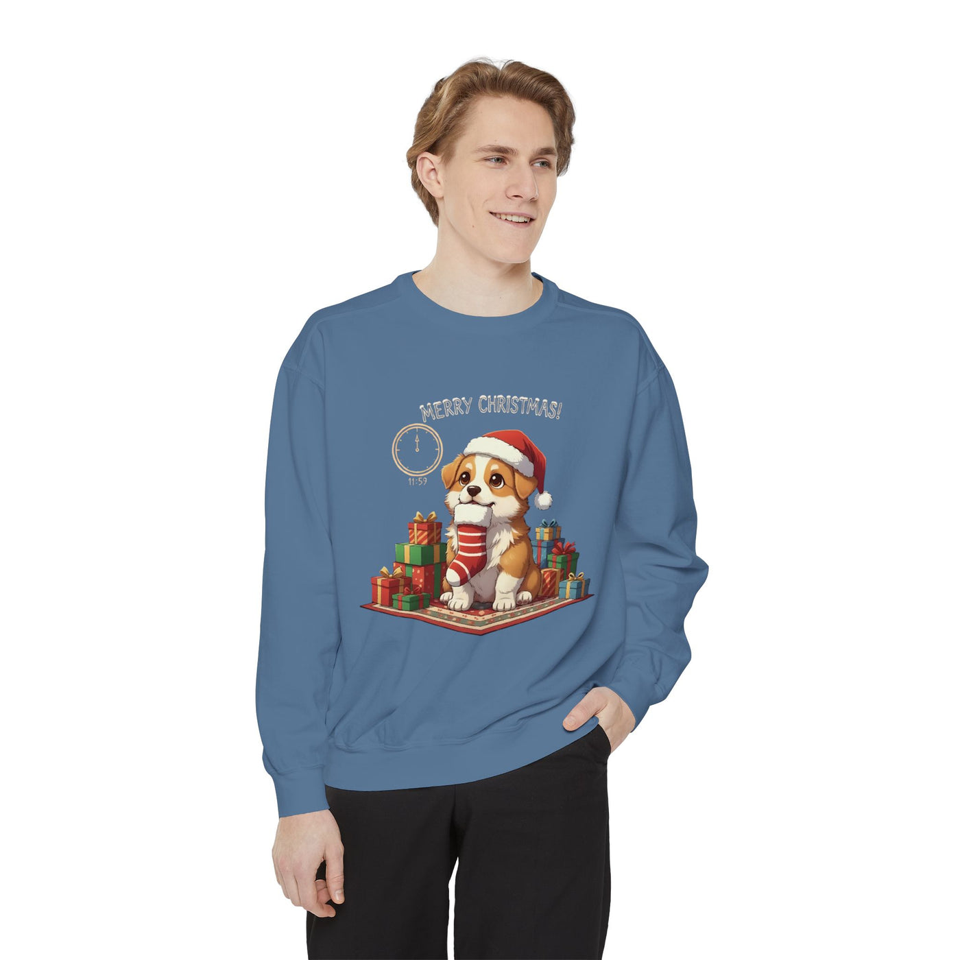 Cute Puppy waiting for Christmas presents style 1 Cozy Graphic Unisex Crewneck Sweatshirt