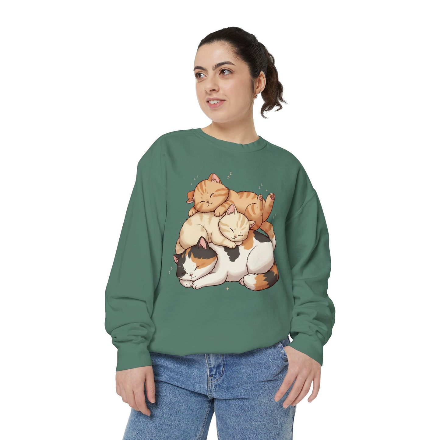 3 Cute Sleeping Cats Cozy Graphic Unisex Crewneck Sweatshirt style 1