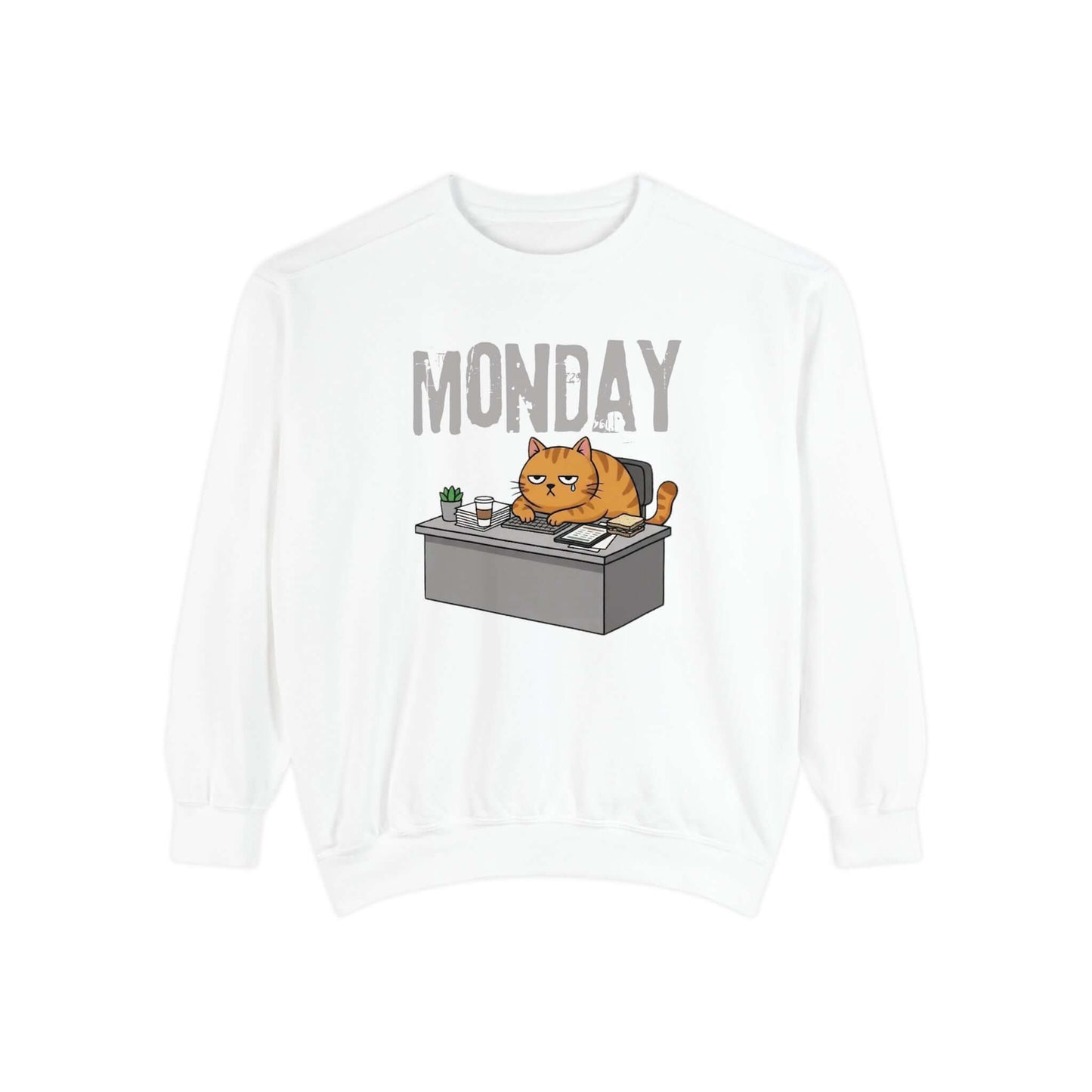 Monday Face Cat Stares Blankly Unisex Crewneck Sweatshirt featuring a cat at a desk under a "MONDAY" banner.