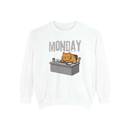 Monday Face Cat Stares Blankly Unisex Crewneck Sweatshirt featuring a cat at a desk under a "MONDAY" banner.