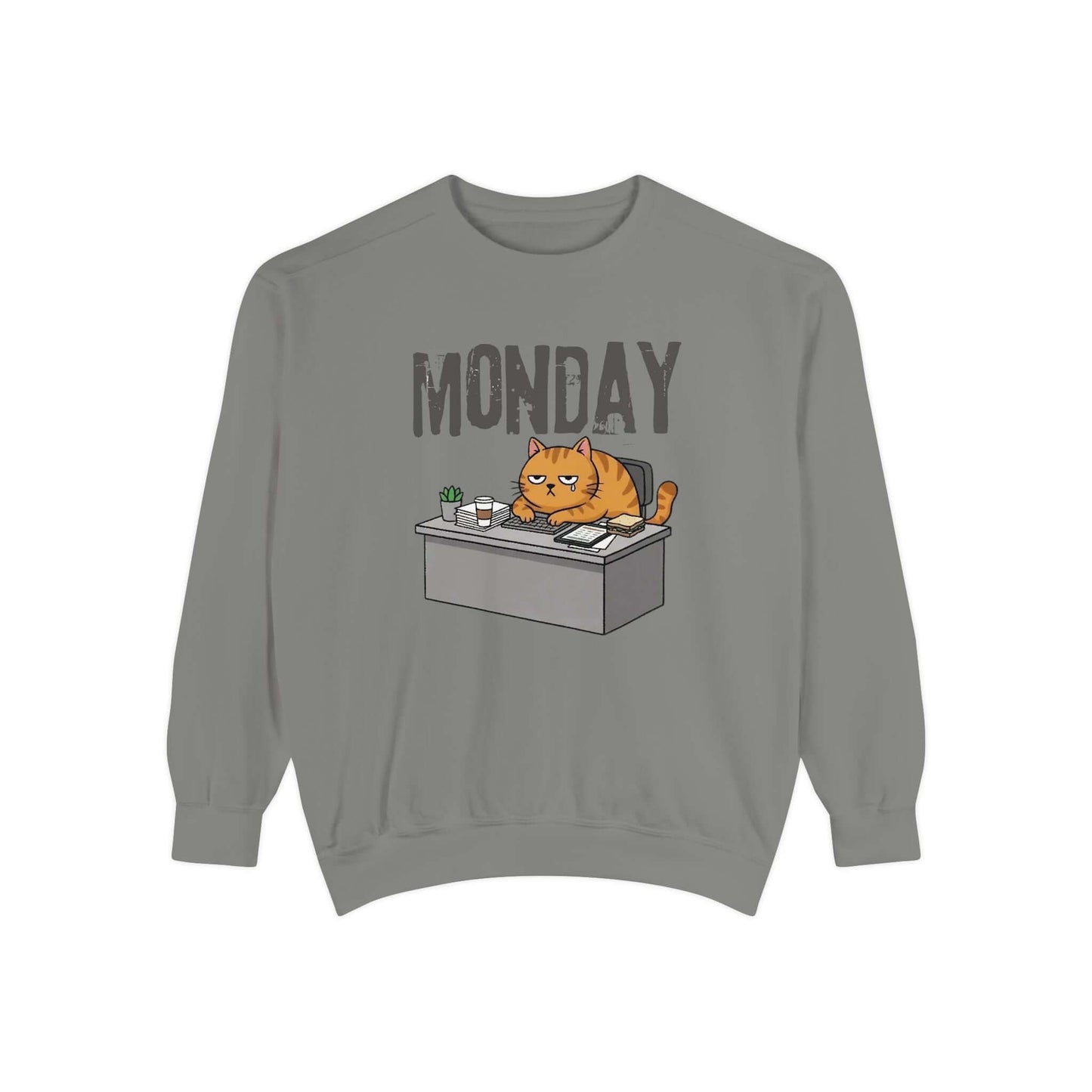 Monday Face Cat Stares Blankly Unisex Crewneck Sweatshirt features a grumpy cat under a MONDAY banner.