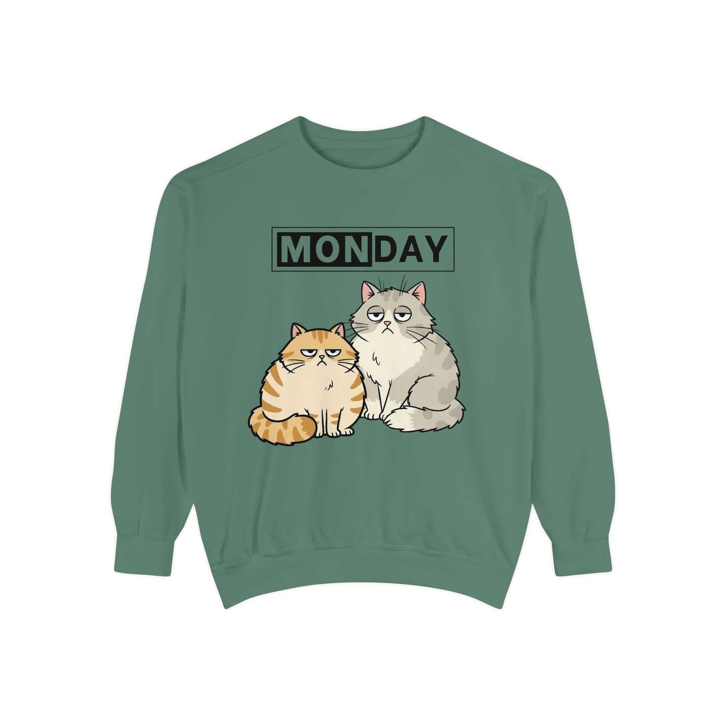 Monday Face Cat Stares Blankly Unisex Crewneck Sweatshirt featuring two grumpy cats under MONDAY banner.