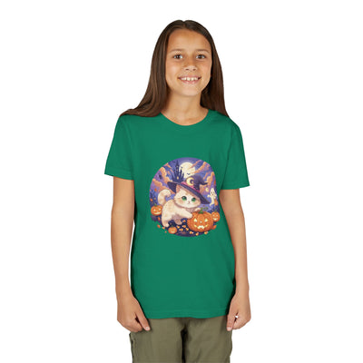 Halloween cute kitten anime style 5 Unisex Youth Tee | T-Shirt, Cute Pumpkin Shirt, Kids Halloween Outfit, Cat Lover Gift, Fun Fall Apparel