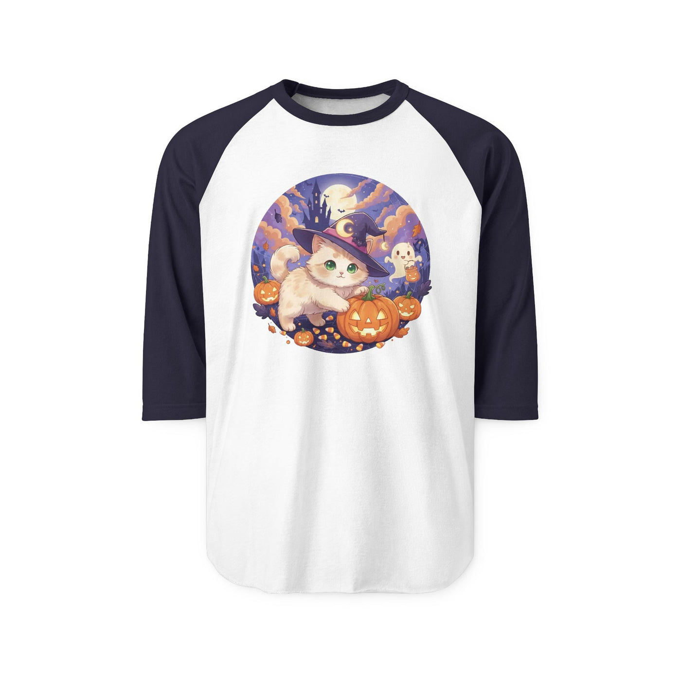 Halloween cute kitten anime style 5 Raglan Shirt, Unisex Halloween Top, Pumpkin Cat Shirt, Cute Cat Tee, Spooky Casual Wear