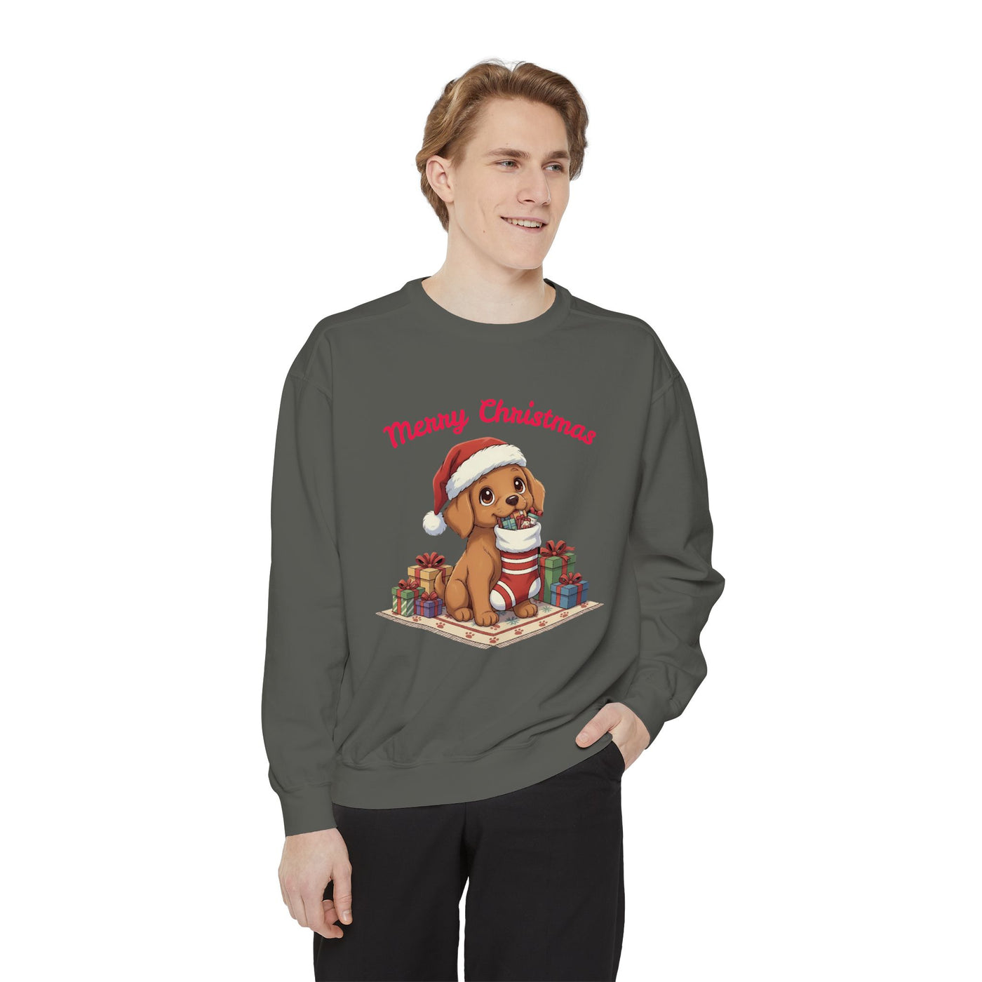 Cute Puppy waiting for Christmas presents style 2 Cozy Graphic Unisex Crewneck Sweatshirt