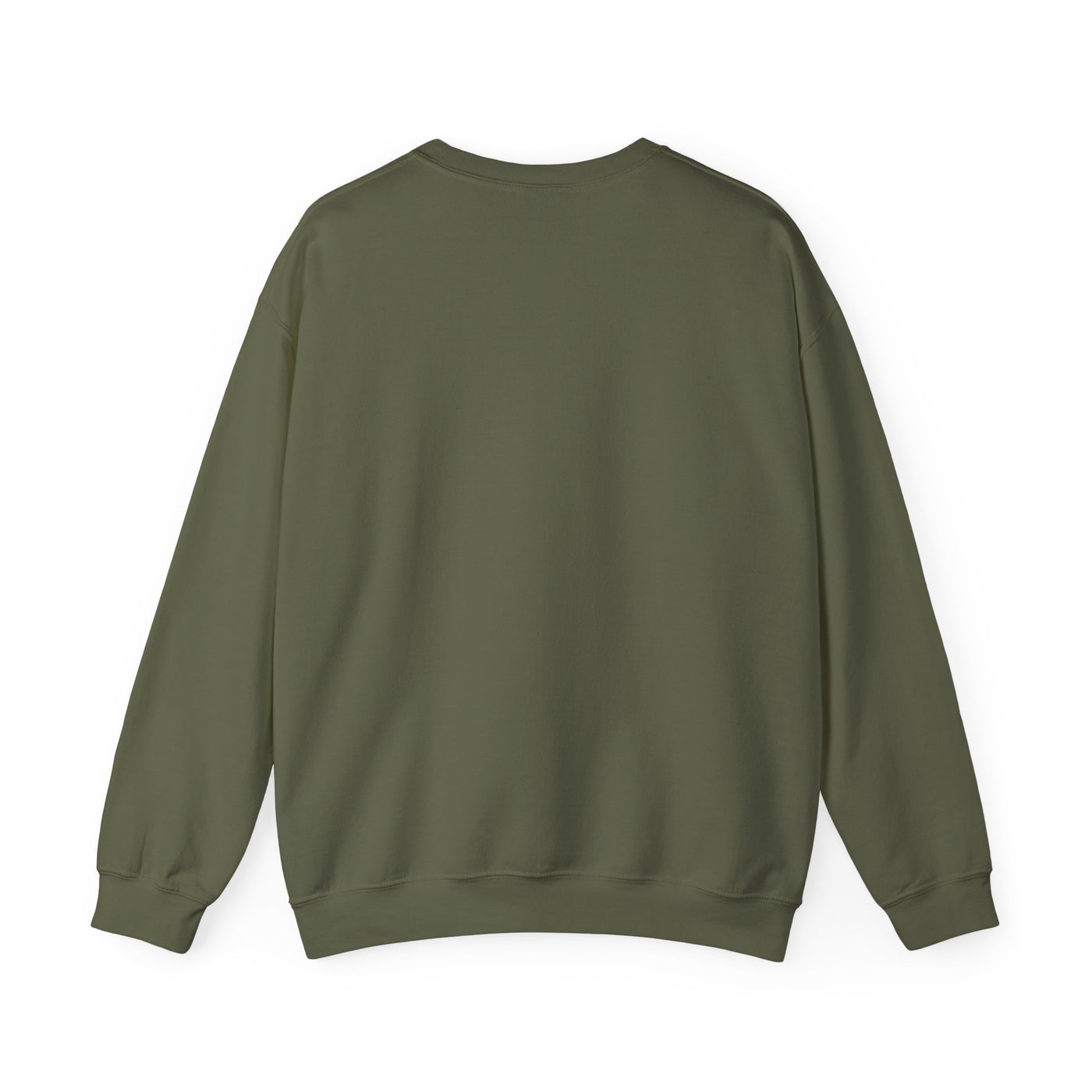 Back view of the cat lovers cute kitten sweatshirt in olive green, showcasing its cozy design and soft fabric.