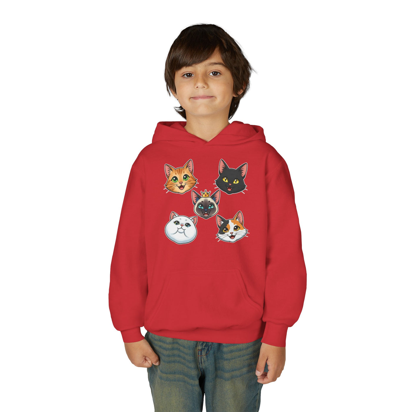 Cute Cat Heads Unisex Youth Hoodie, Fun Pet Lover Sweater, Kids Gift, Animal Lover Apparel, Perfect for Birthdays & Holidays