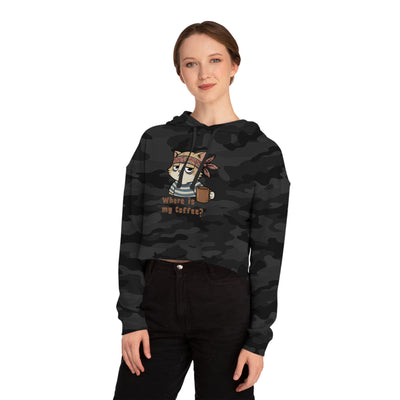"Where is my coffee?" Cat Graphic Women Cropped Hoodie