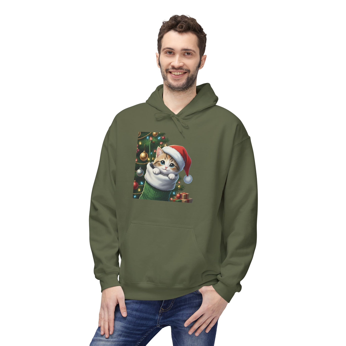 Adorable kitten hiding in Christmas stocking style 2 Cozy Graphic Unisex Midweight Softstyle Fleece Hoodie
