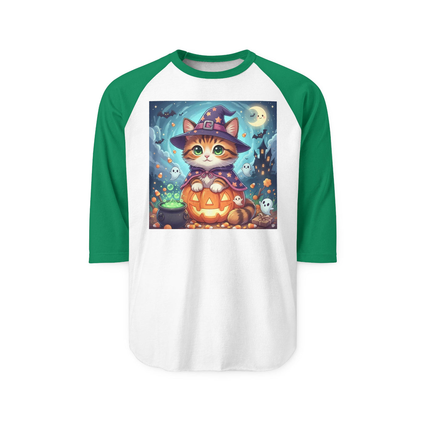 Halloween cute kitten anime style 2 Raglan Shirt, Unisex Halloween Top, Pumpkin Cat Shirt, Cute Cat Tee, Spooky Casual Wear
