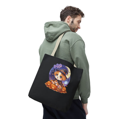 Adorable Halloween Puppy anime style Tote Bag, Pumpkin Lover Gift, Cute Dog Design, Witch Theme, Eco-Friendly Shopping Bag