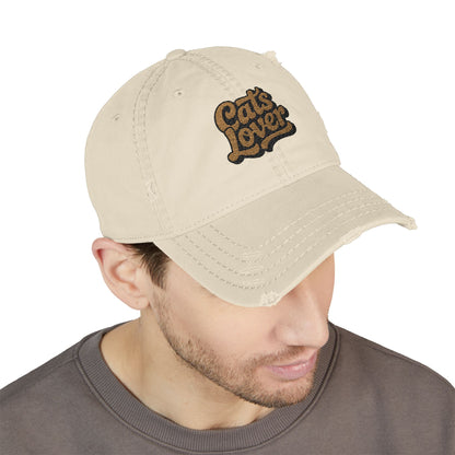 Cats Lover Distressed Embroidered Cap Dad Hat Brown Words