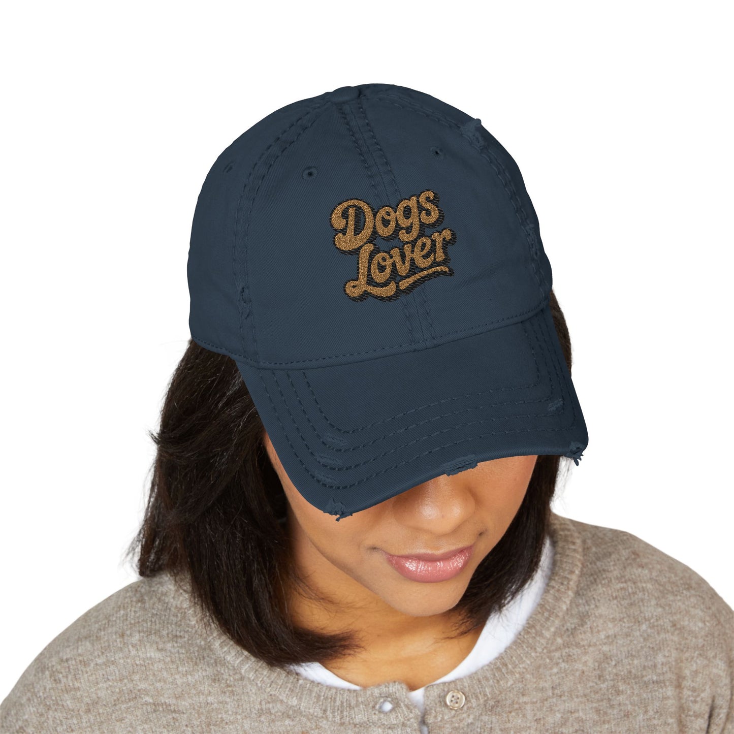 Dogs Lover Distressed Embroidered Cap Dad Hat Brown Words
