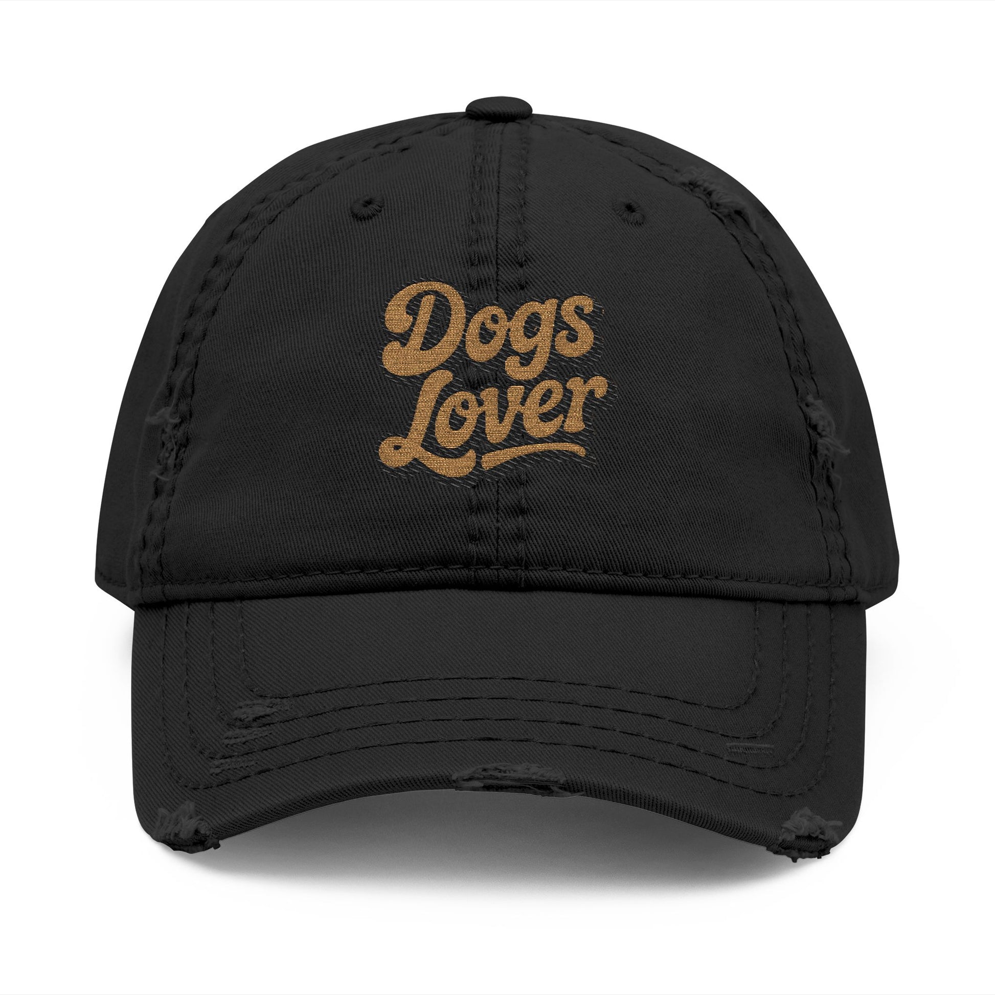 Dogs Lover Distressed Embroidered Cap Dad Hat Brown Words with a faded black design and warm lettering.