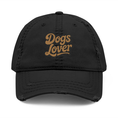 Dogs Lover Distressed Embroidered Cap Dad Hat Brown Words with a faded black design and warm lettering.