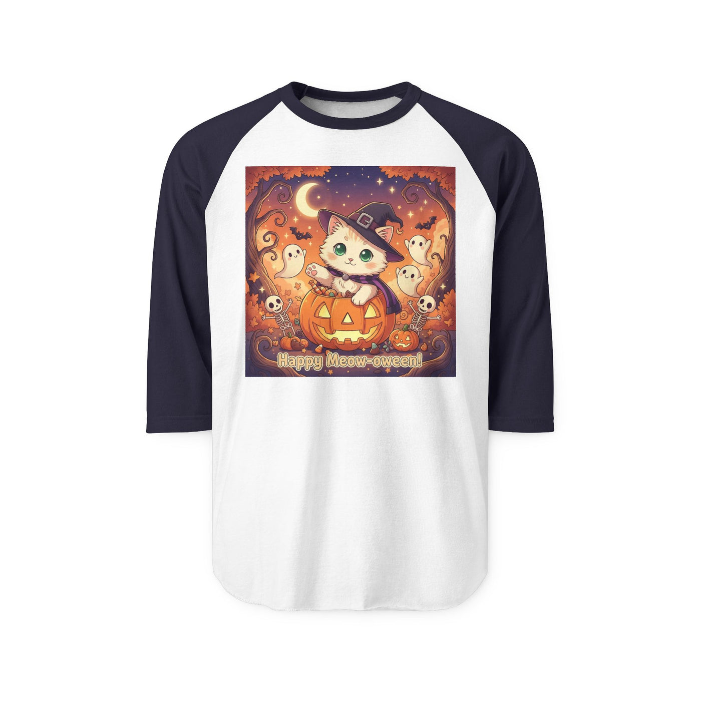 Halloween cute kitten anime style 6 Raglan Shirt, Unisex Halloween Top, Pumpkin Cat Shirt, Cute Cat Tee, Spooky Casual Wear