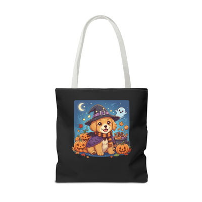 Adorable Halloween Puppy anime style Tote Bag, Pumpkin Lover Gift, Cute Dog Design, Witch Theme, Eco-Friendly Shopping Bag