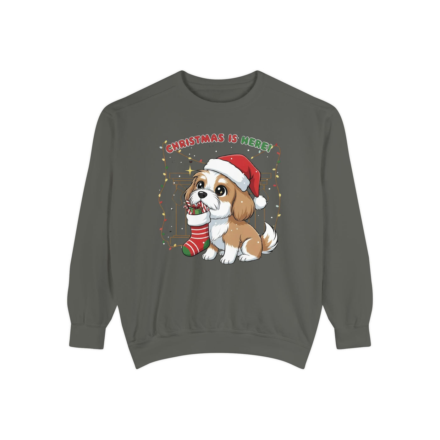 Cute Puppy waiting for Christmas presents style 5 Cozy Graphic Unisex Crewneck Sweatshirt