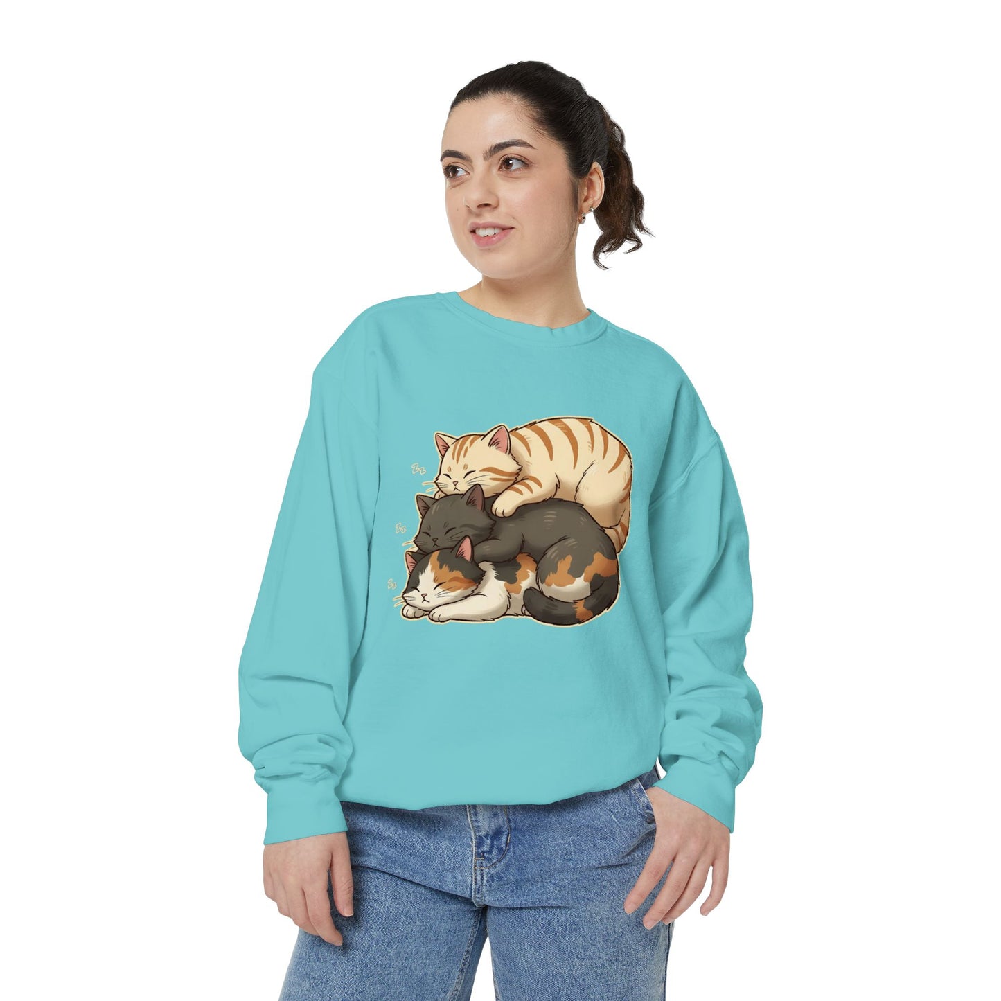 3 Cute Sleeping Cats Cozy Graphic Unisex Crewneck Sweatshirt style 4