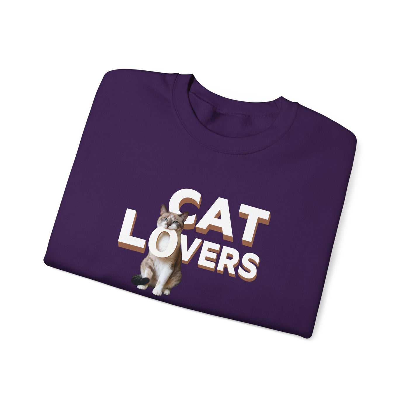 cat lovers cute kitten sweatshirt featuring a playful cat graphic on a purple background.